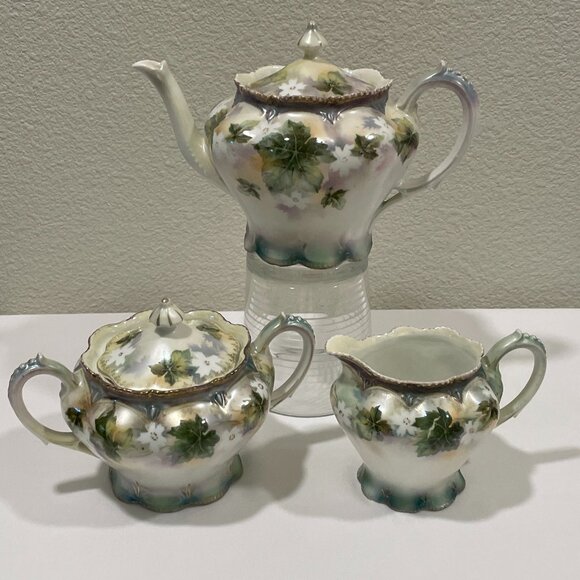 RS PRUSSIA Genuine Vintage Tea Set of 3 Ivory/Green/Gold/Rose Ivy & Floral
